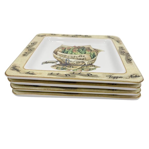 Vintage Lot 4 Veggie Notes 7.5" Square Made Italy Salad Lunch Appetizer Plates - Picture 2 of 11